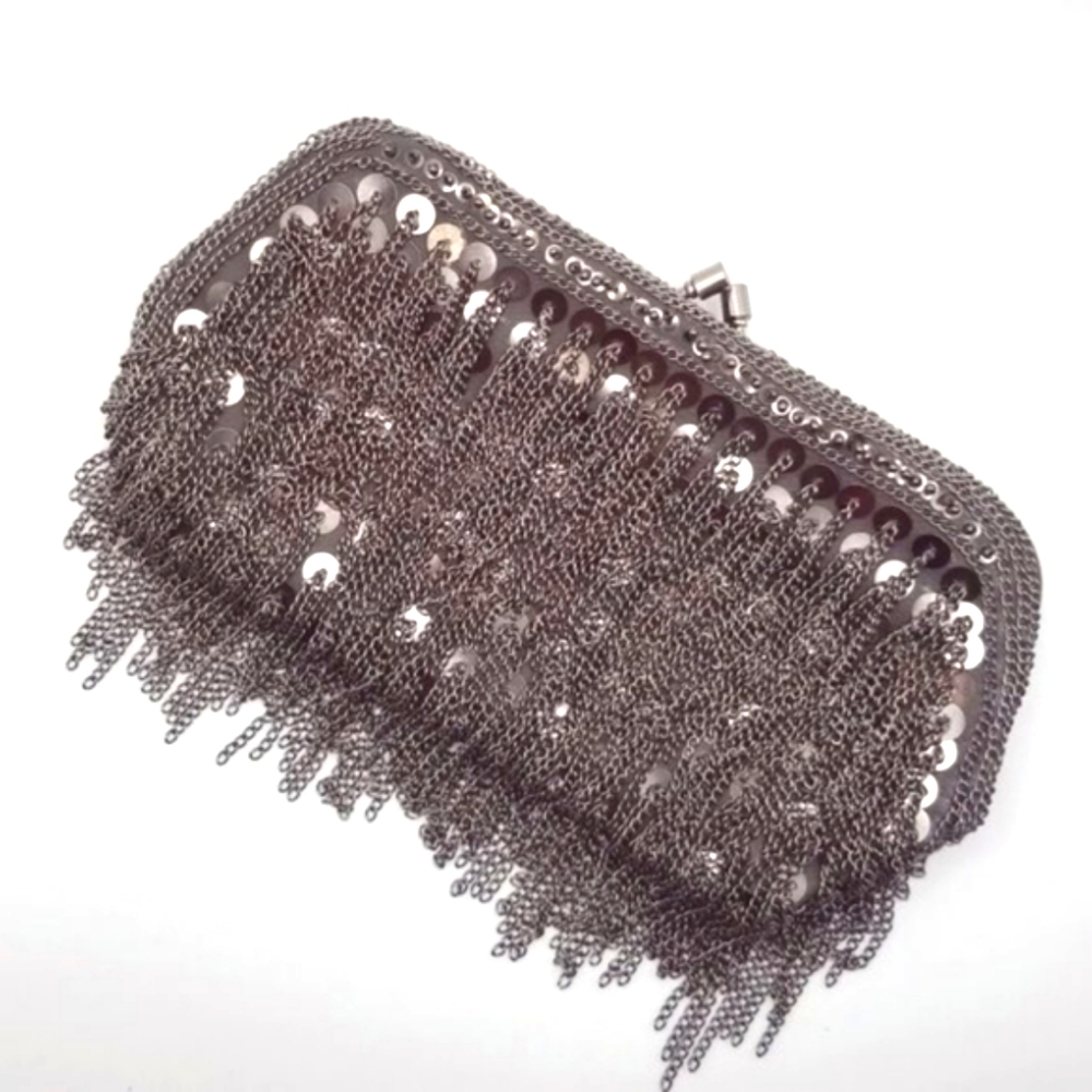 Boho Cargo Gunmetal Gray Chain and Sequin Clutch Purse